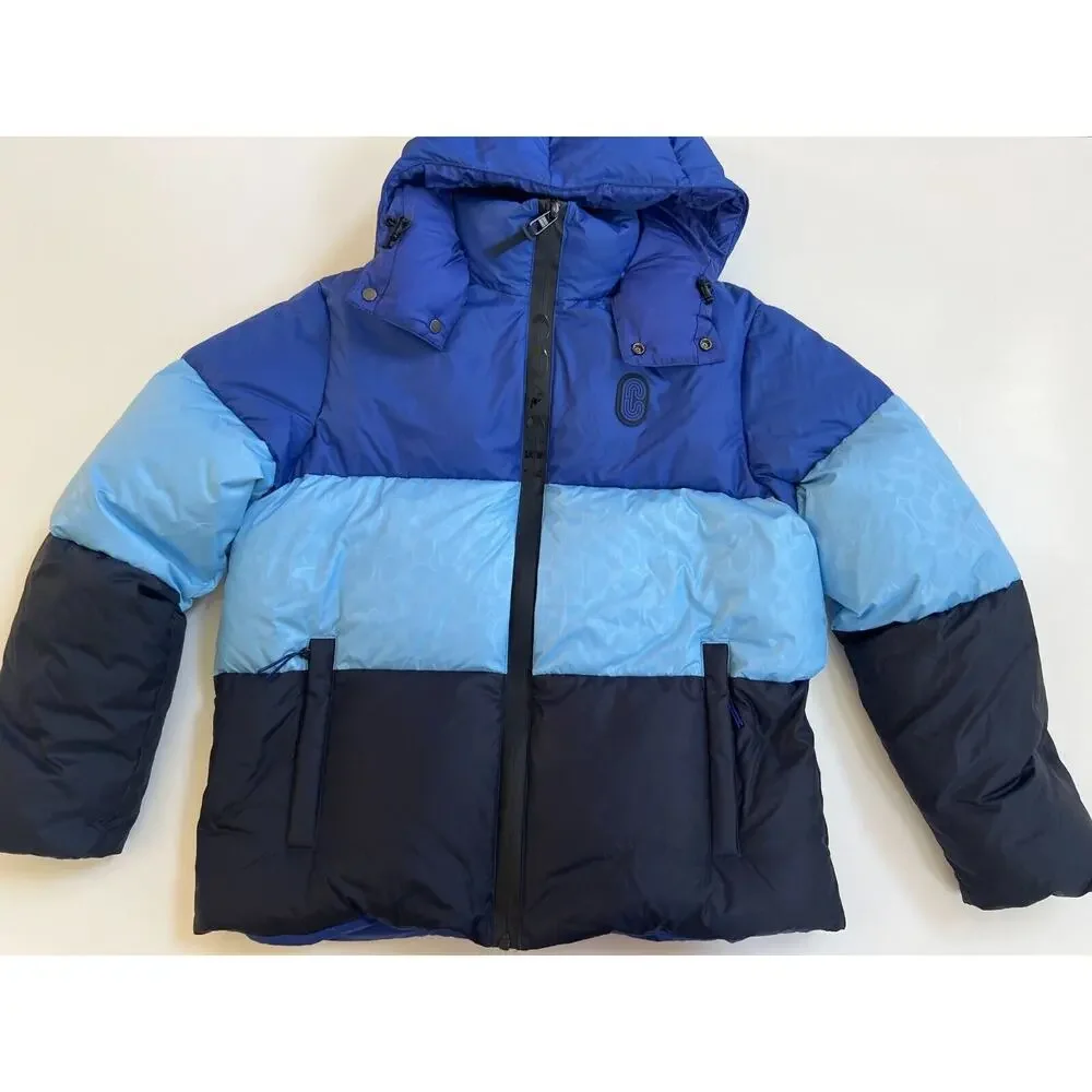 Coach CB661 Colorblock Down Puffer Jacket Royal Blue Multi XL $650